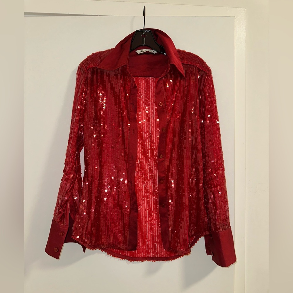 Festive Red Sequin Button Down Top - image 1